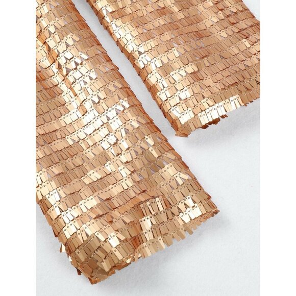 Women Sequin Mini Dress Cut Out Large Gold/Yellow V-Neck Long Sleeve Zipper Back - Picture 9 of 14